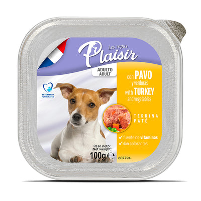 Caja de Alimento Húmedo para Perro Adulto Les Repas Plaisir Paté Pavo y Verduras 12 Piezas de 100g