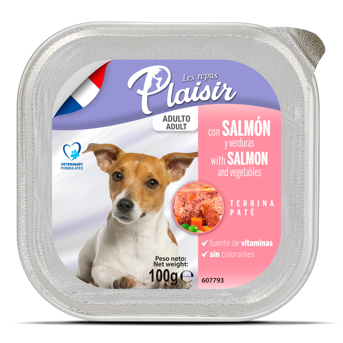 Caja de Alimento Húmedo para Perro Adulto Les Repas Plaisir Paté Salmón y Verduras 12 Piezas de 100g