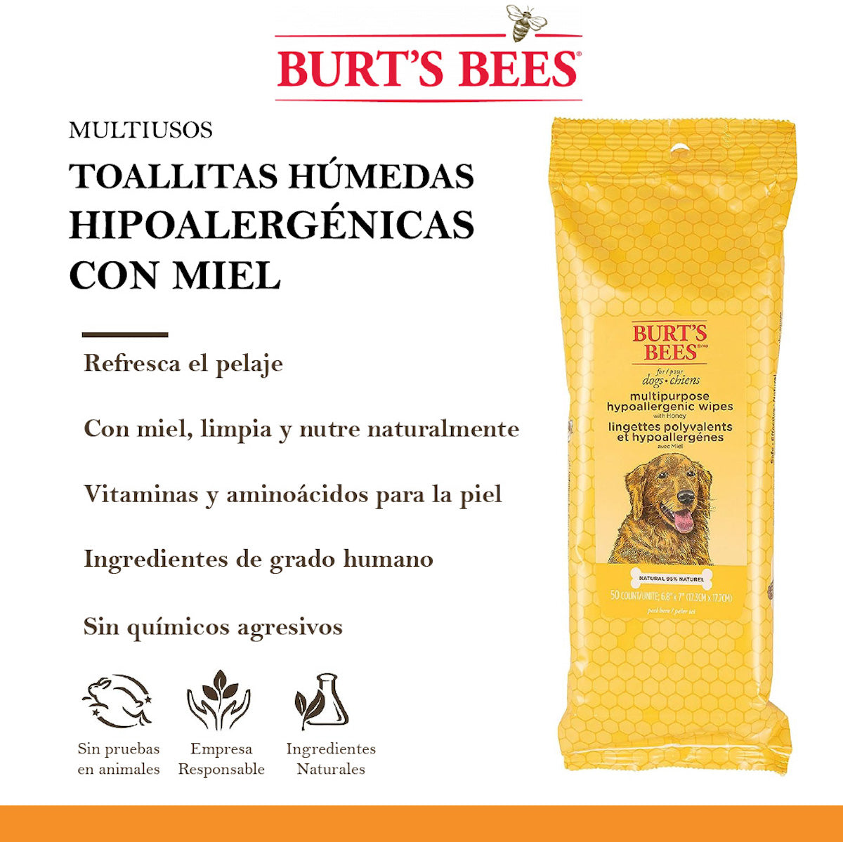 Toallitas Húmedas para Perro con Miel Burt's Bees 50 pzs