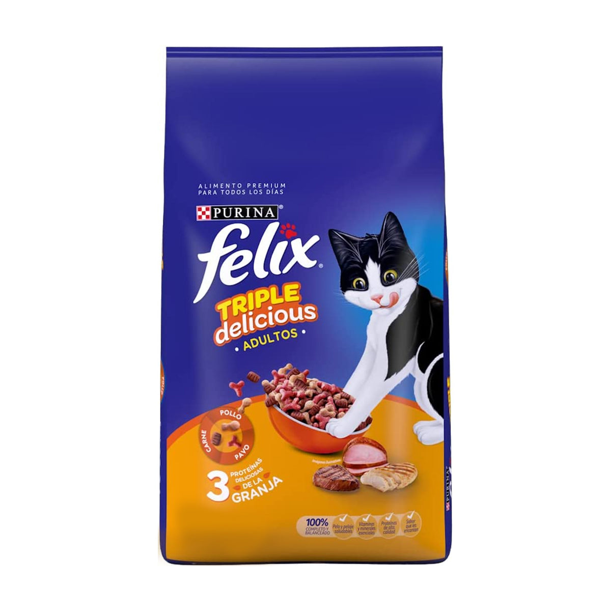 Purina Felix Triple Delicious Granja para Gatos Adultos con Pollo Pavo y Carne